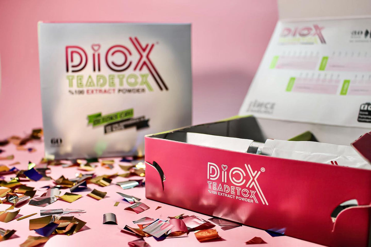 Diox Detox Tea box with tea sachets on pink background