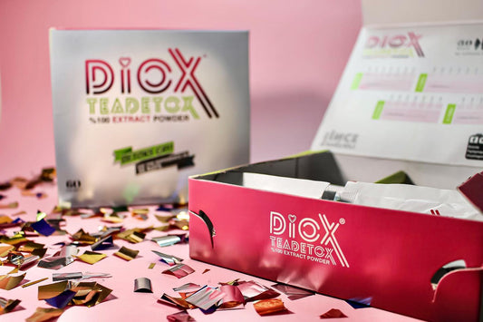 Diox Detox Tea box with tea sachets on pink background
