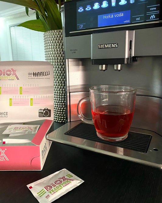 Diox Detox Tea served in a cup with product box
